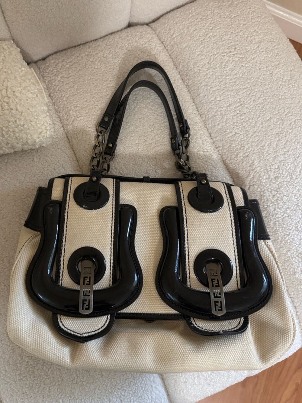 Fendi Ivory Canvas B Shoulder Bag with Black Patent Trim